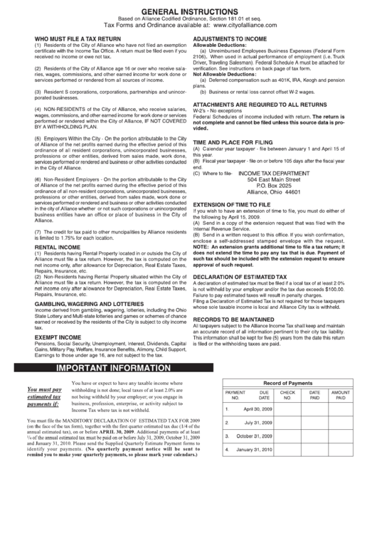 Instructions For Income Tax Return Form - City Of Alliance Printable pdf