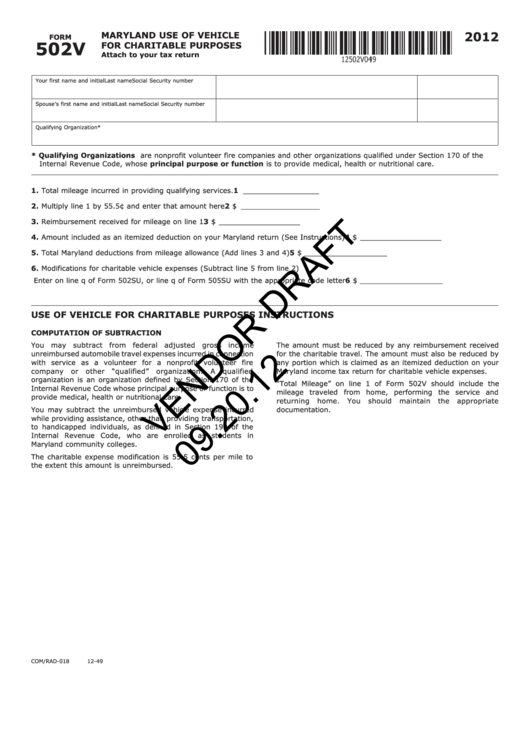 Form 502v Draft - Maryland Use Of Vehicle For Charitable Purposes - 2012 Printable pdf