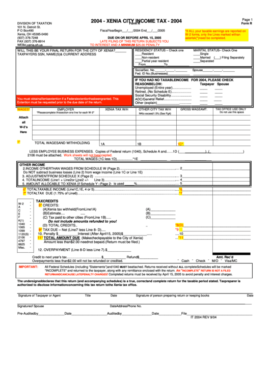 Form R - Xenia City Income Tax - 2004 Printable pdf