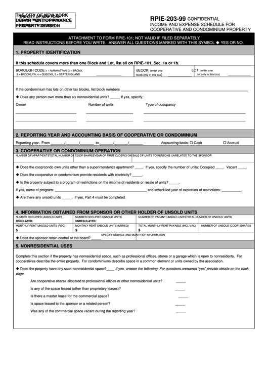 Form Rpie-203-99 - Income And Expense Schedule For Cooperative And Condominium Property Printable pdf