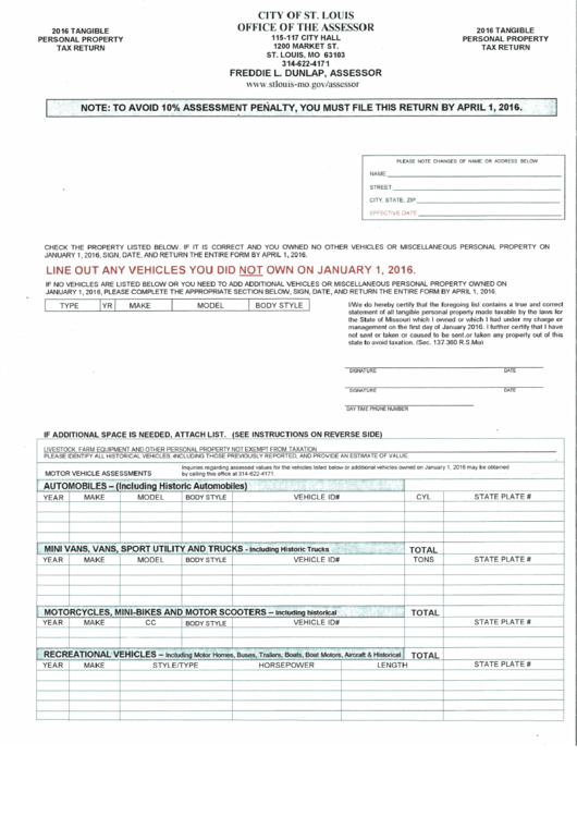 Fillable Tangible Personal Property Tax Return - City Of St. Louis - 2016 Printable pdf