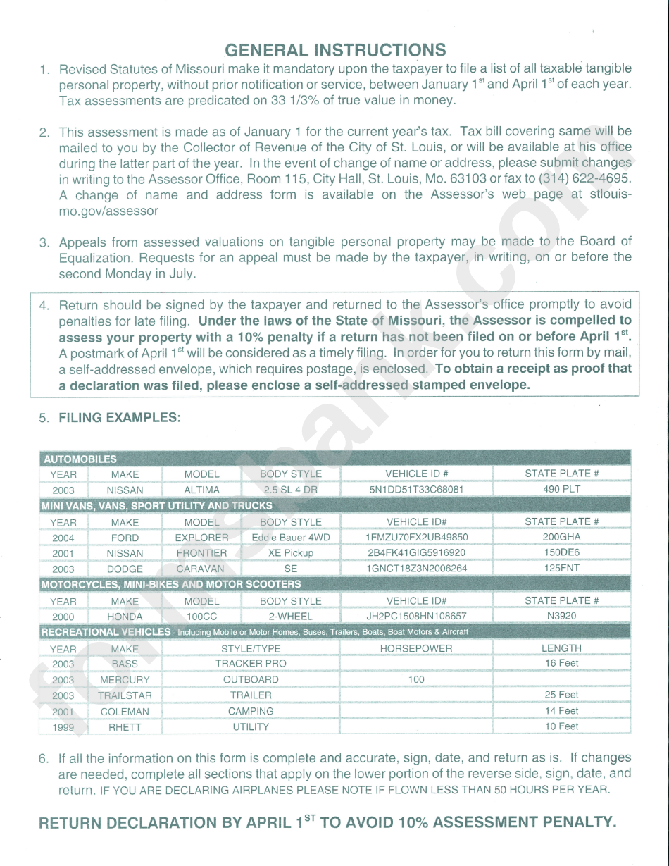 Tangible Personal Property Tax Return - City Of St. Louis - 2016