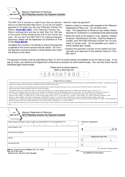 Fillable Form Mo-1041v - Fiduciary Income Tax Payment Voucher - 2013 Printable pdf