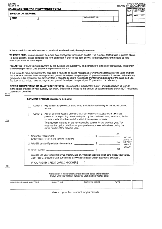 Form Boe-1150 - Sales And Use Tax Prepayment Form Printable pdf