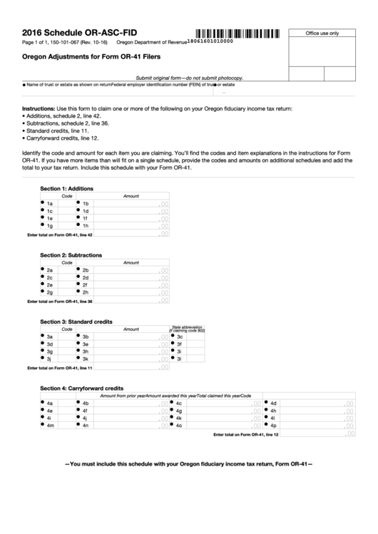 Fillable Schedule Or-Asc-Fid - Oregon Adjustments For Form Or-41 Filers - 2016 Printable pdf