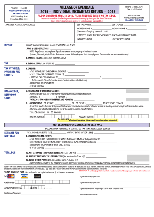 Fillable Individual Income Tax Return - Village Of Evendale, 2015 Printable pdf
