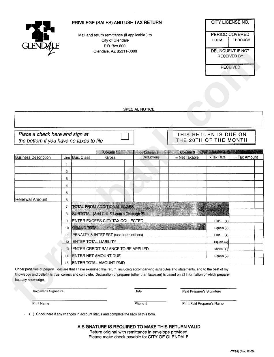 Form Tpt-1 - Privilege Sales And Use Tax Return - City Of Glendale