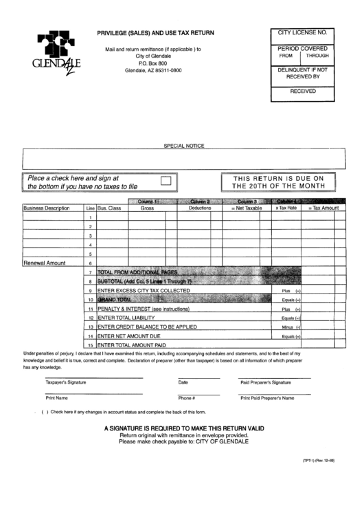 Form Tpt-1 - Privilege Sales And Use Tax Return - City Of Glendale Printable pdf