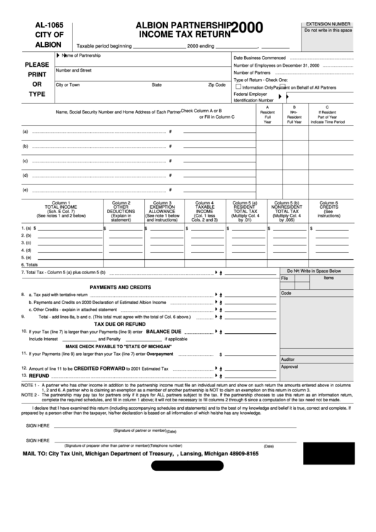 Form Al-1065 - Albion Partnership Income Tax Return - 2000 Printable pdf