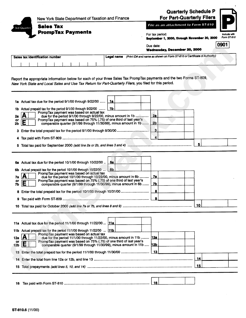 Form St-810.6 - Quarterly Schedule P - Sales Tax Form