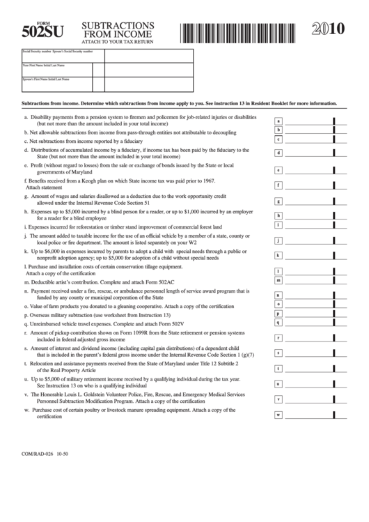 Fillable Form 502su - Subtractions From Income - 2010 Printable pdf