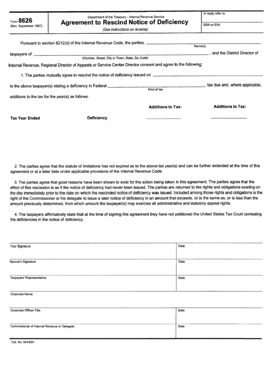 Form 8626 - Agreement To Rescind Notice Of Deficiency Printable pdf