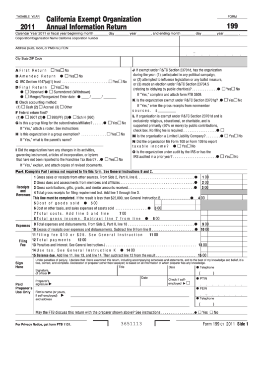 Form 199 - California Exempt Organization Annual Information Return - 2011 Printable pdf