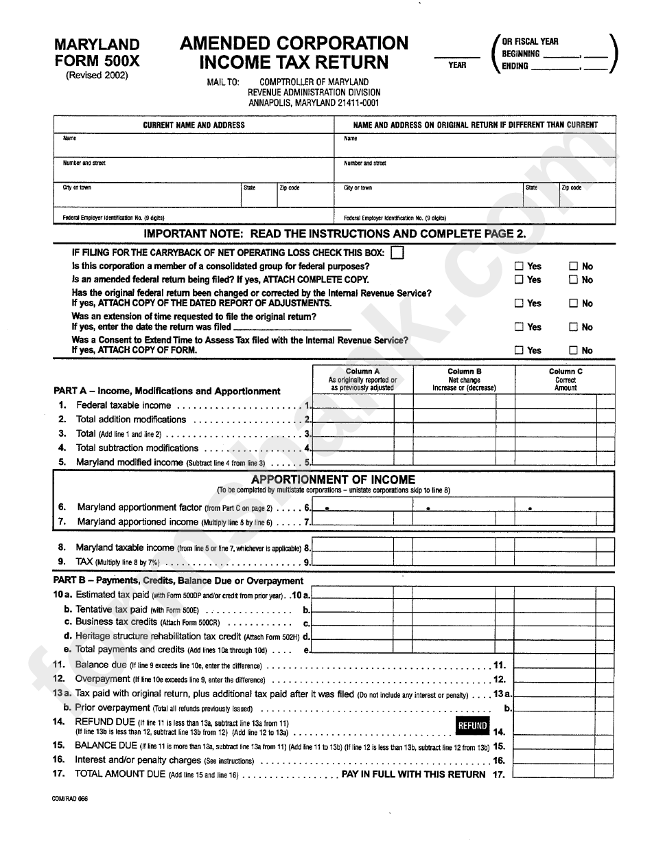 Form 500x - Amended Corporation Income Tax Return - 2002