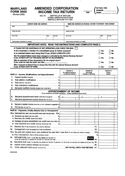 Form 500x - Amended Corporation Income Tax Return - 2002 Printable pdf