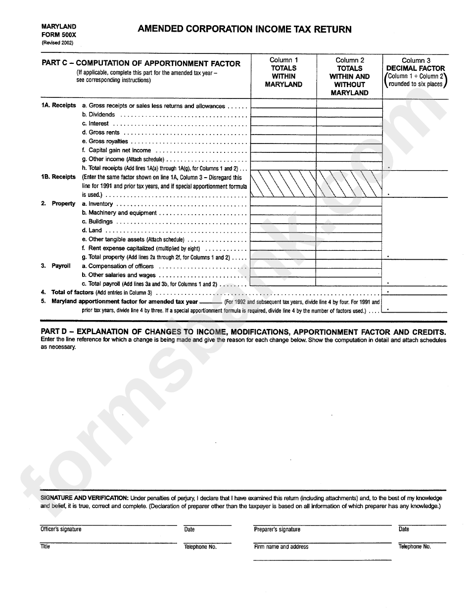 Form 500x - Amended Corporation Income Tax Return - 2002