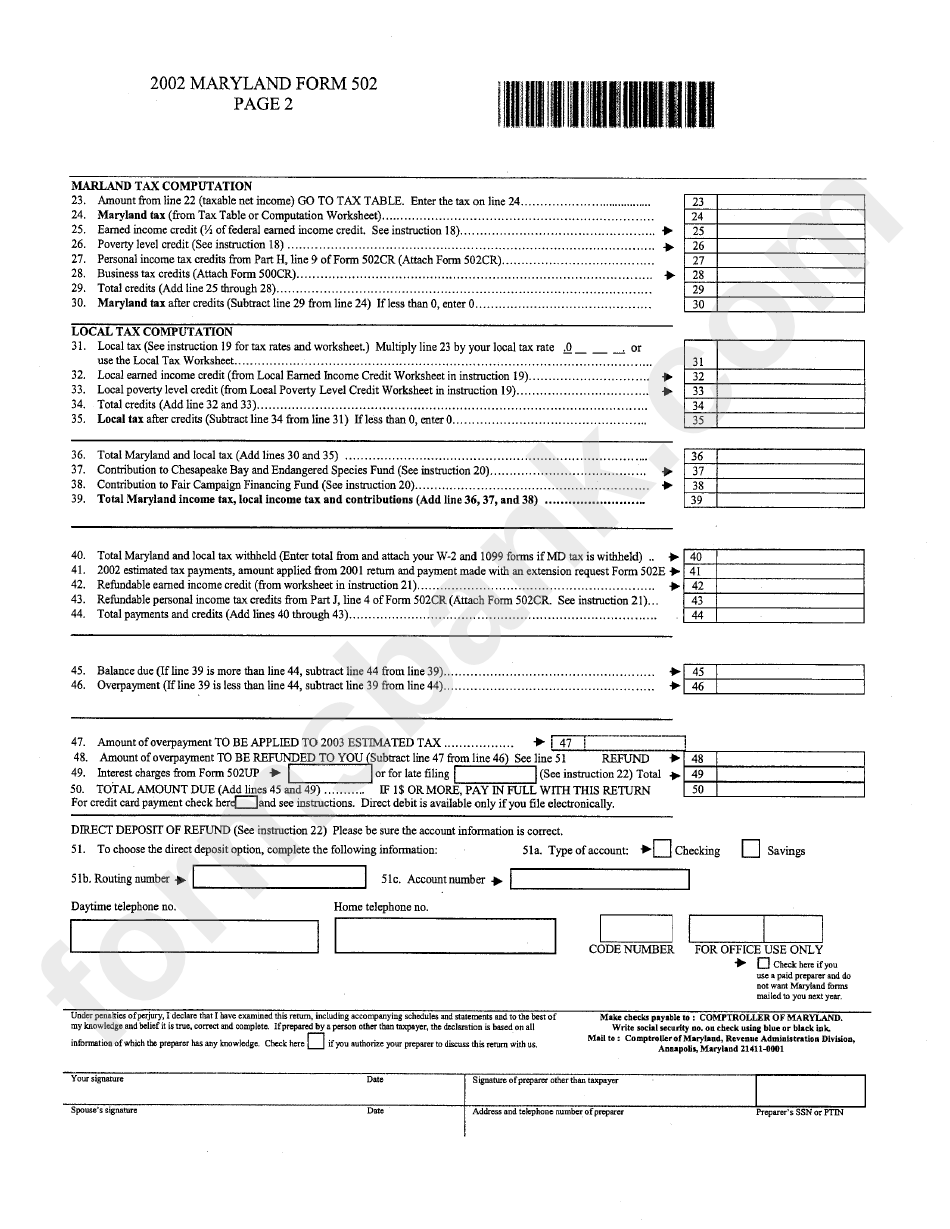 Form 502 - Maryland Tax Return - 2002