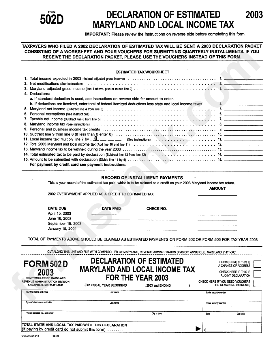 Form 502d - Declaration Of Estimated Maryland And Lockal Income Tax - 2003