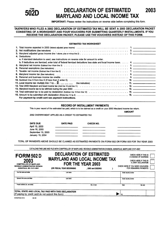 Form 502d - Declaration Of Estimated Maryland And Lockal Income Tax - 2003 Printable pdf