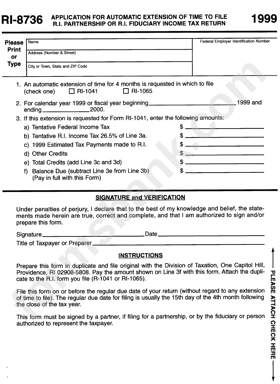 Form Ri-8736 - Application For Automatic Extension Of Time To File R.i. Partnership Or R.i. Fiduciary Income Tax Return - 1999