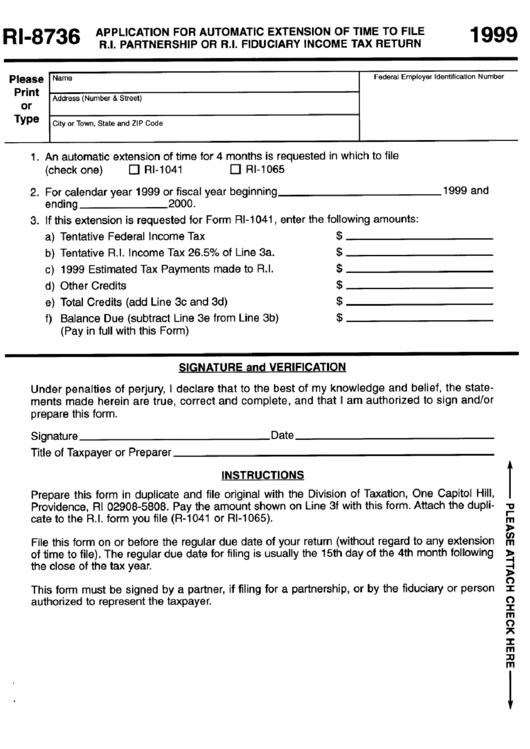 Form Ri-8736 - Application For Automatic Extension Of Time To File R.i. Partnership Or R.i. Fiduciary Income Tax Return - 1999 Printable pdf