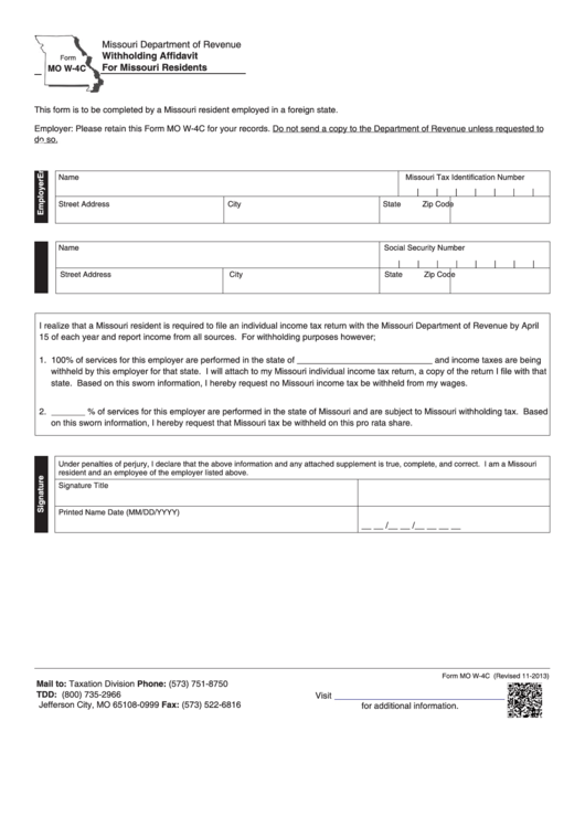 Fillable Form Mo W-4c - Withholding Affidavit For Missouri Residents - 2013 Printable pdf