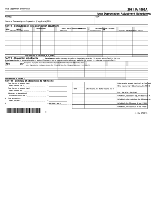 Form Ia 4562a - Iowa Depreciation Adjustment Schedule - 2011 Printable pdf