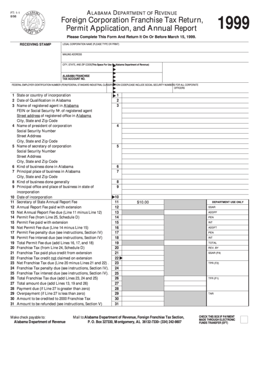 Fillable Form Ft: 1-1 - Foreign Corporation Franchise Tax Return, Permit Application, And Annual Report - 1999 Printable pdf