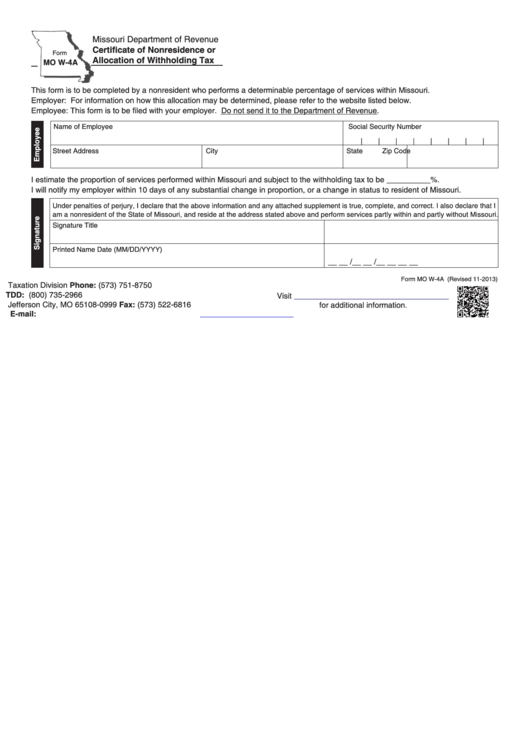 Fillable Form Mo W-4a - Certificate Of Nonresidence Or Allocation Of Withholding Tax - 2013 Printable pdf