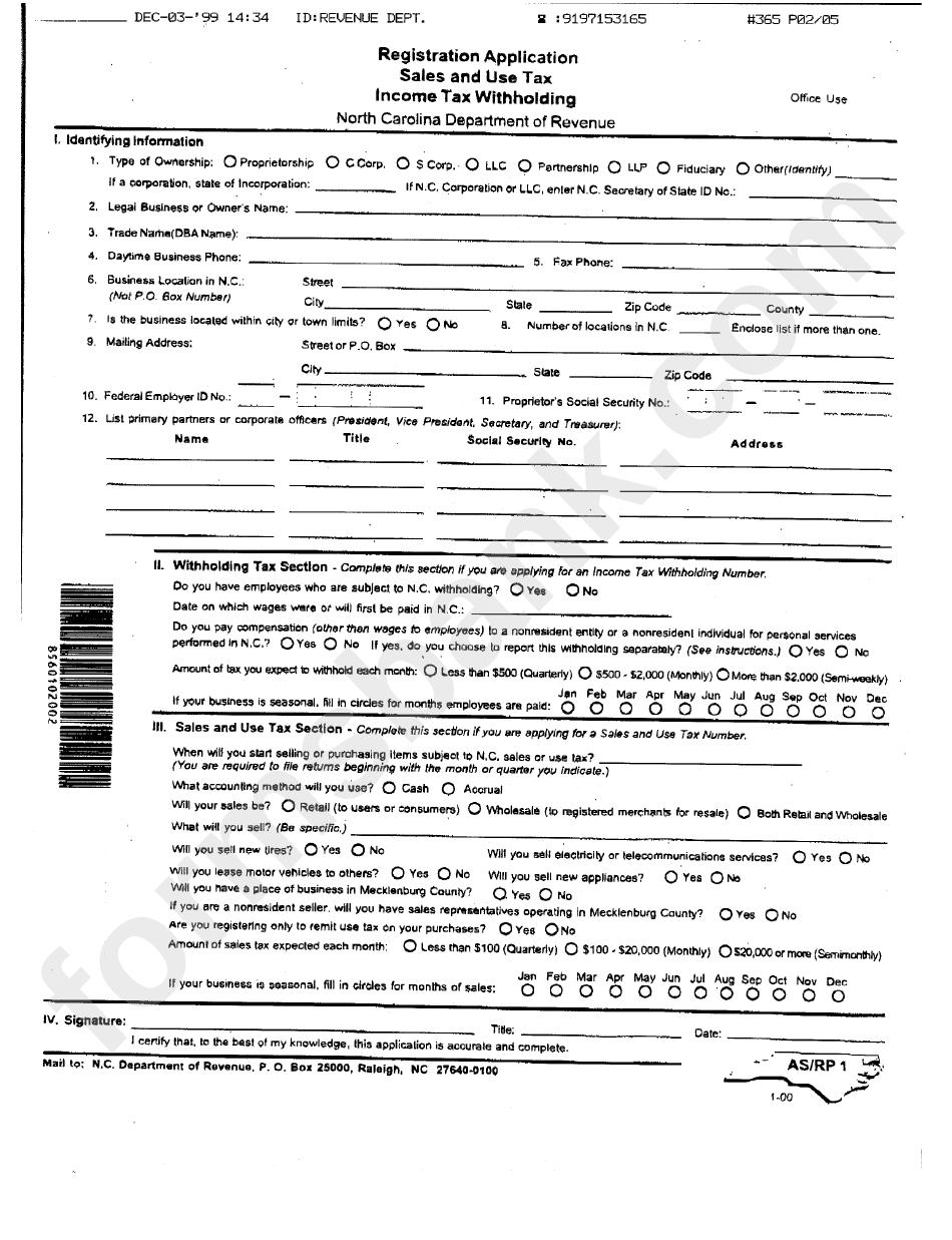 Form As/rp 1 - Registration Application Sales And Use Income Tax Withholding