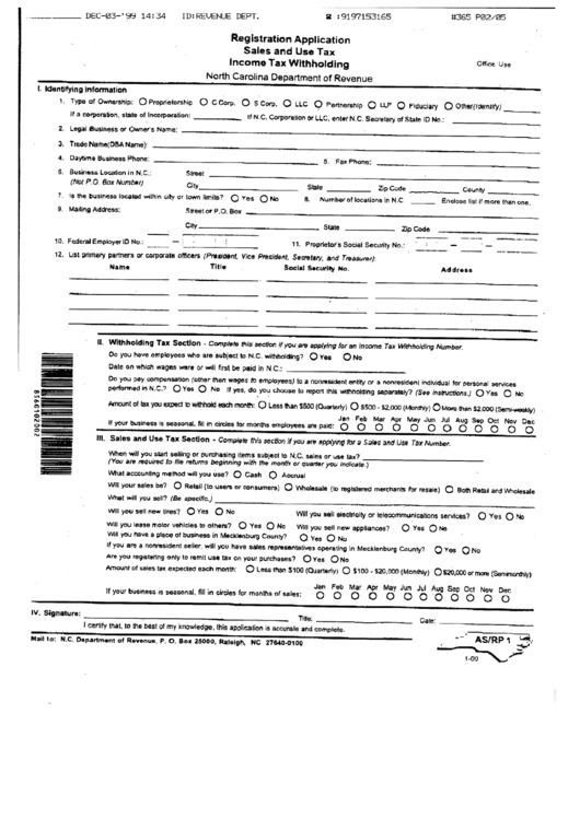 Form As/rp 1 - Registration Application Sales And Use Income Tax Withholding Printable pdf