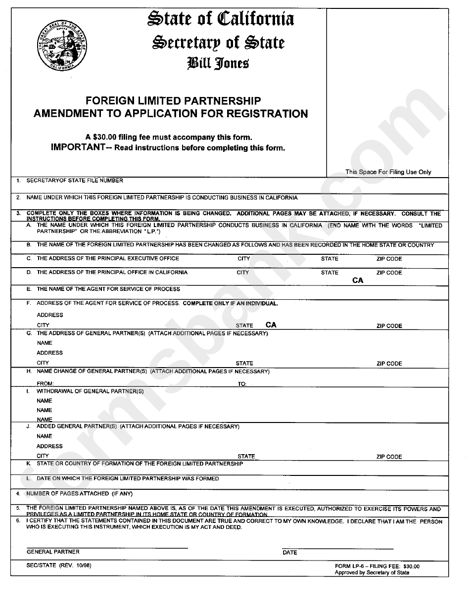 Foreign Limited Partnership Amendment To Aplication For Registration Form