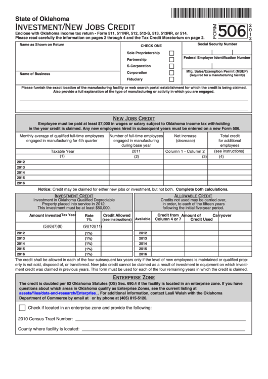 Fillable Form 506 - Investment/new Jobs Credit - 2012 Printable pdf