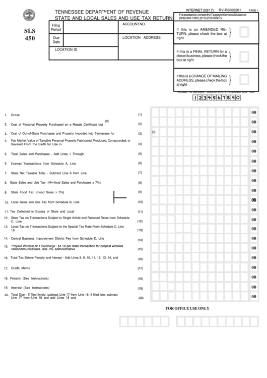 Form Sls 450 - State And Local Sales And Use Tax Return - Tennessee Department Of Revenue
