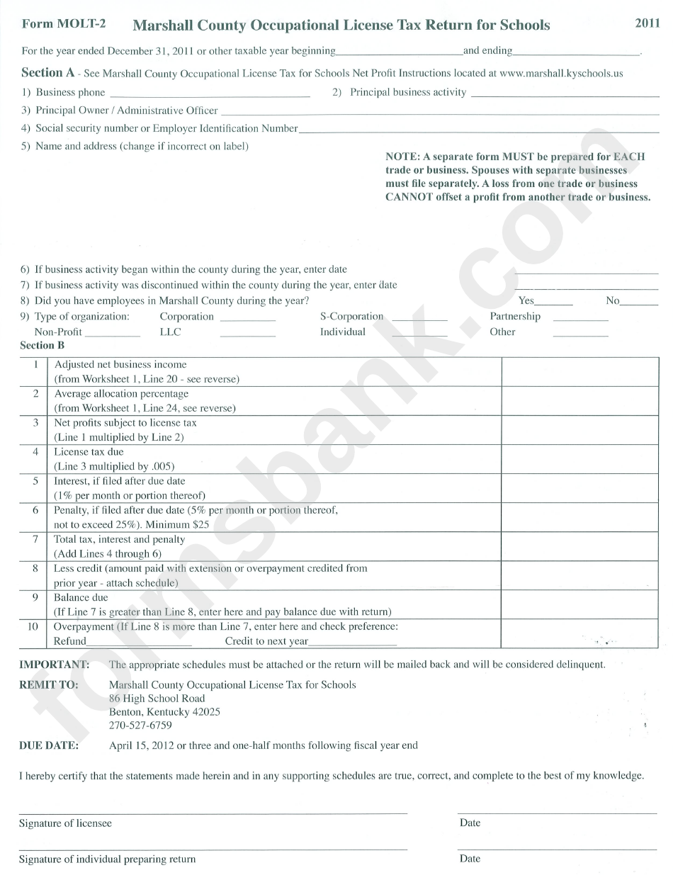 Form Molt-2 - Marshall Country Occupational License Tax Return For Schools