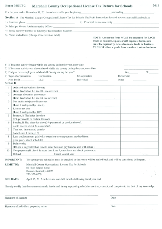 Form Molt-2 - Marshall Country Occupational License Tax Return For Schools Printable pdf