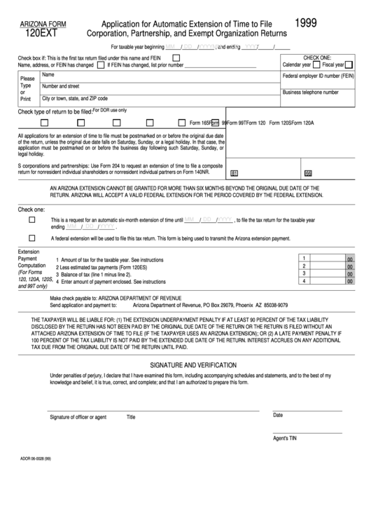 Arizona Form 120ext - Application For Automatic Extension Of Time To File Corporation, Partnership, And Exempt Organization Returns - 1999 Printable pdf