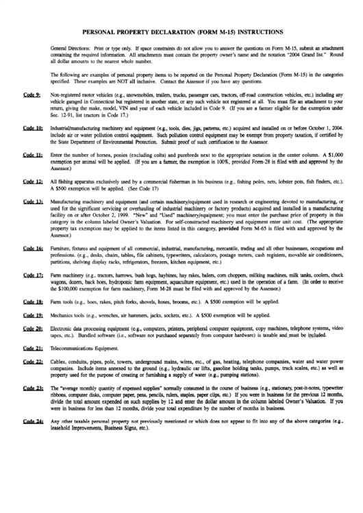 Personal Property Declaration (Form M-15) Instructions Printable pdf