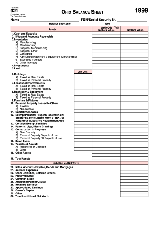 Fillable Tax Form 921 - Ohio Balance Sheet - 1999 Printable pdf