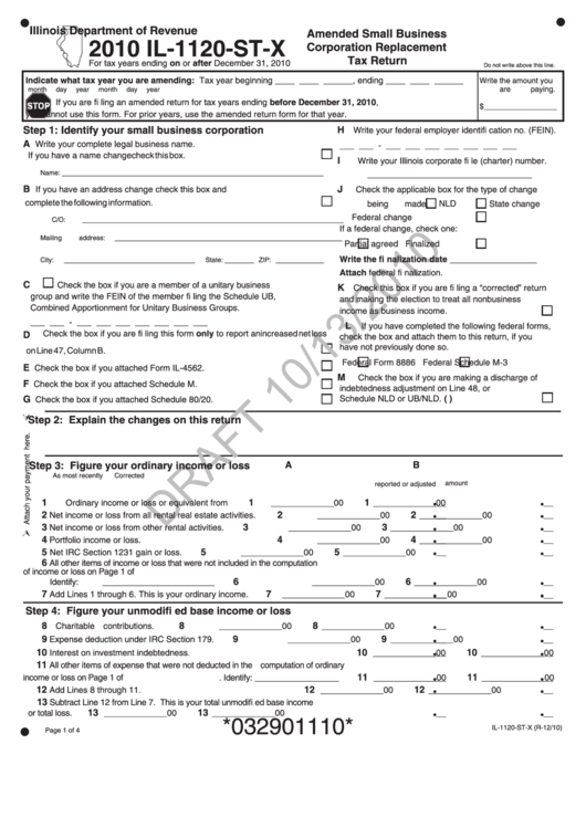 Form Il-1120-St-X Draft - Amended Small Business Corporation Replacement Tax Return - 2010 Printable pdf