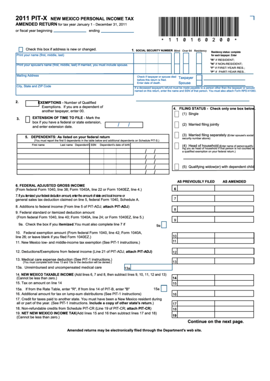 Form Pit-X - New Mexico Personal Income Tax Amended Return - 2011 Printable pdf