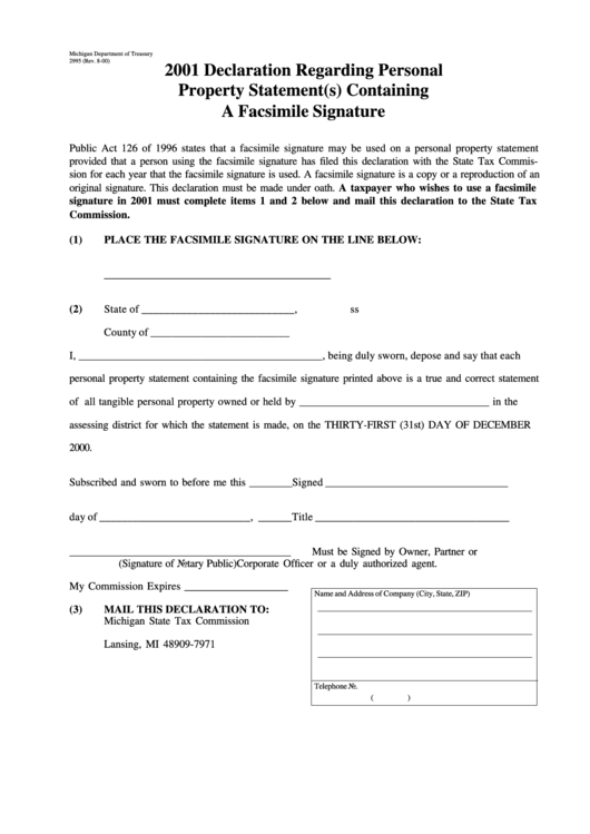 Form 2995 - 2001 Declaration Regarding Personal Property Statement(S) Containing A Facsimile Signature - Michigan Department Of Treasury Printable pdf