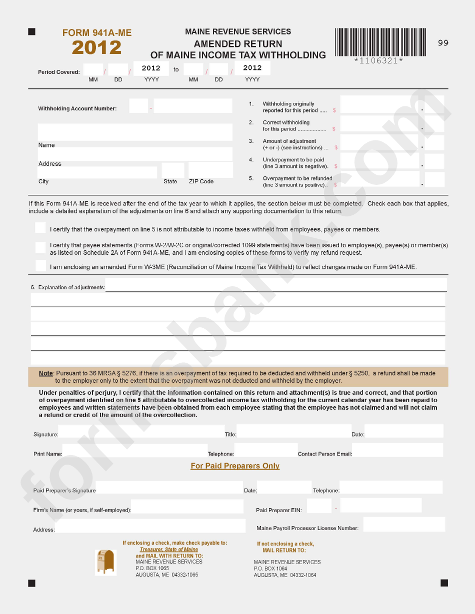 Form 941-A-Me - Amended Return Of Maine Income Tax Withholding - 2012
