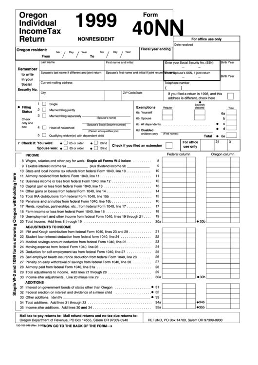 Fillable Form 40n - Oregon Individual Incometax Return - 1999 Printable pdf