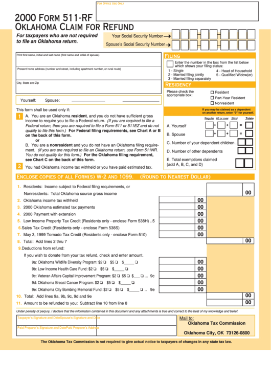 Form 511-Rf - Oklahoma Claim For Refund - 2000 Printable pdf