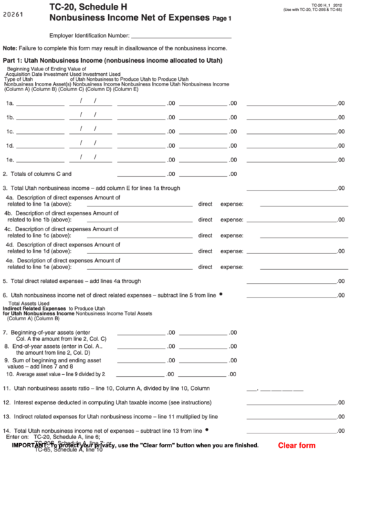 Form Tc-20 - Schedule H - Nonbusiness Income Net Of Expenses Printable pdf