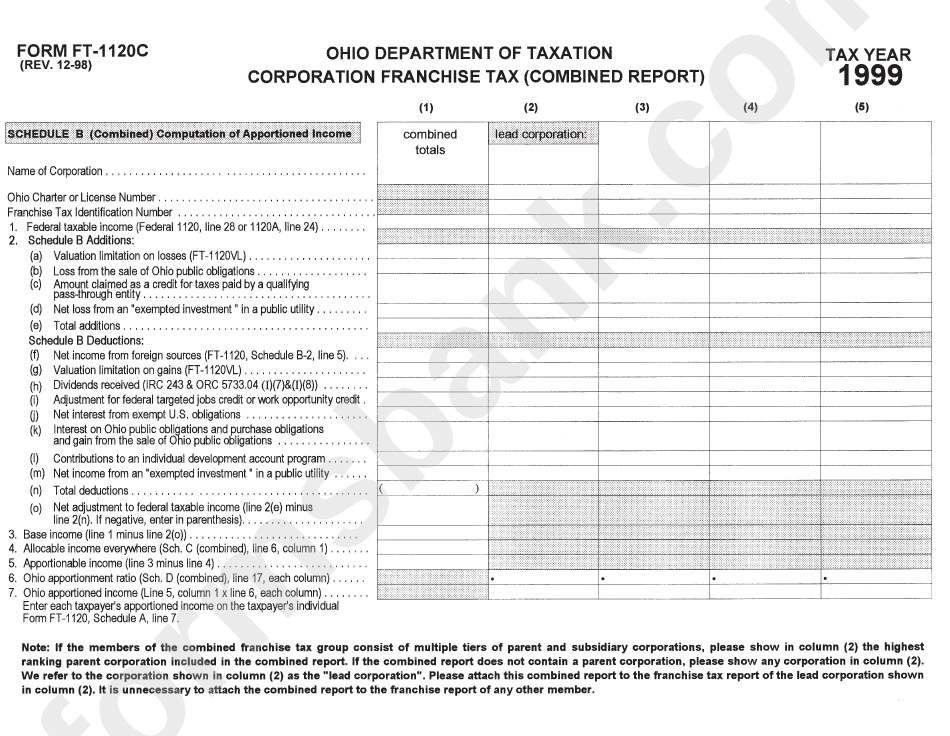 Form Ft-1120c - Corporation Franchise Tax (Combined Report) - 1999