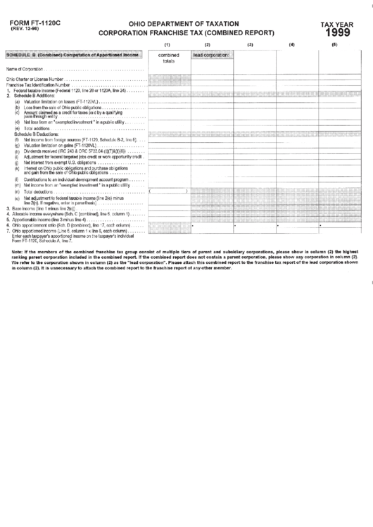 Fillable Form Ft-1120c - Corporation Franchise Tax (Combined Report) - 1999 Printable pdf