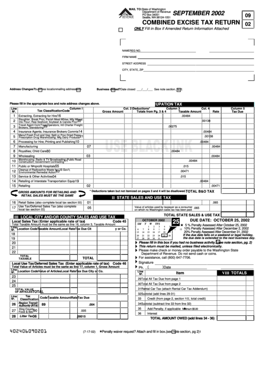 Combined Excise Tax Return Form - September 2002 Printable pdf