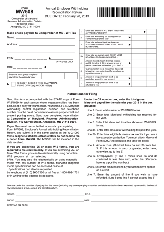 Fillable Form Mw508 - Annual Employer Withholding Reconciliation Return - 2012 Printable pdf
